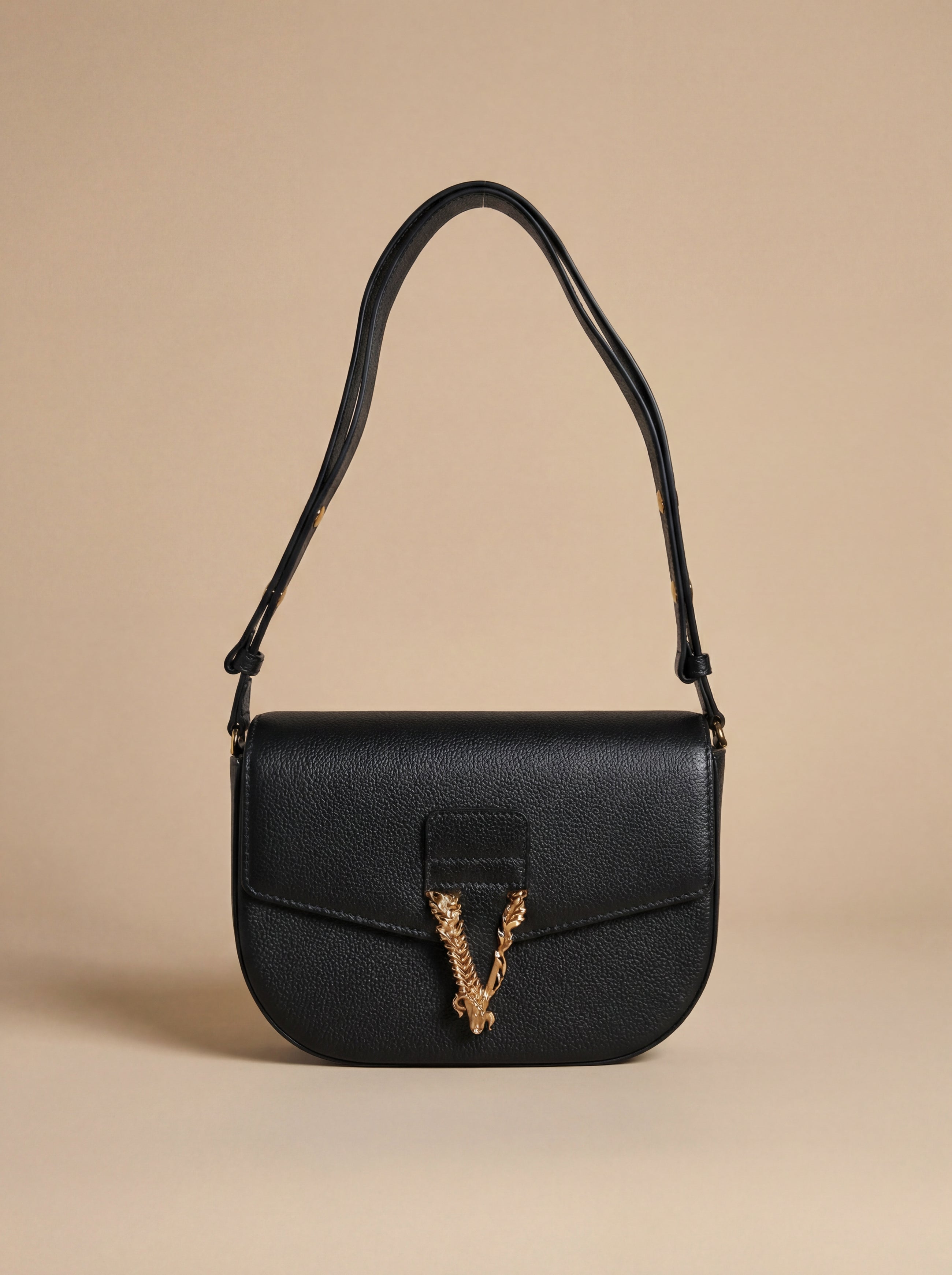 Sac bandoulière Versace en cuir de veau grainé noir avec logo