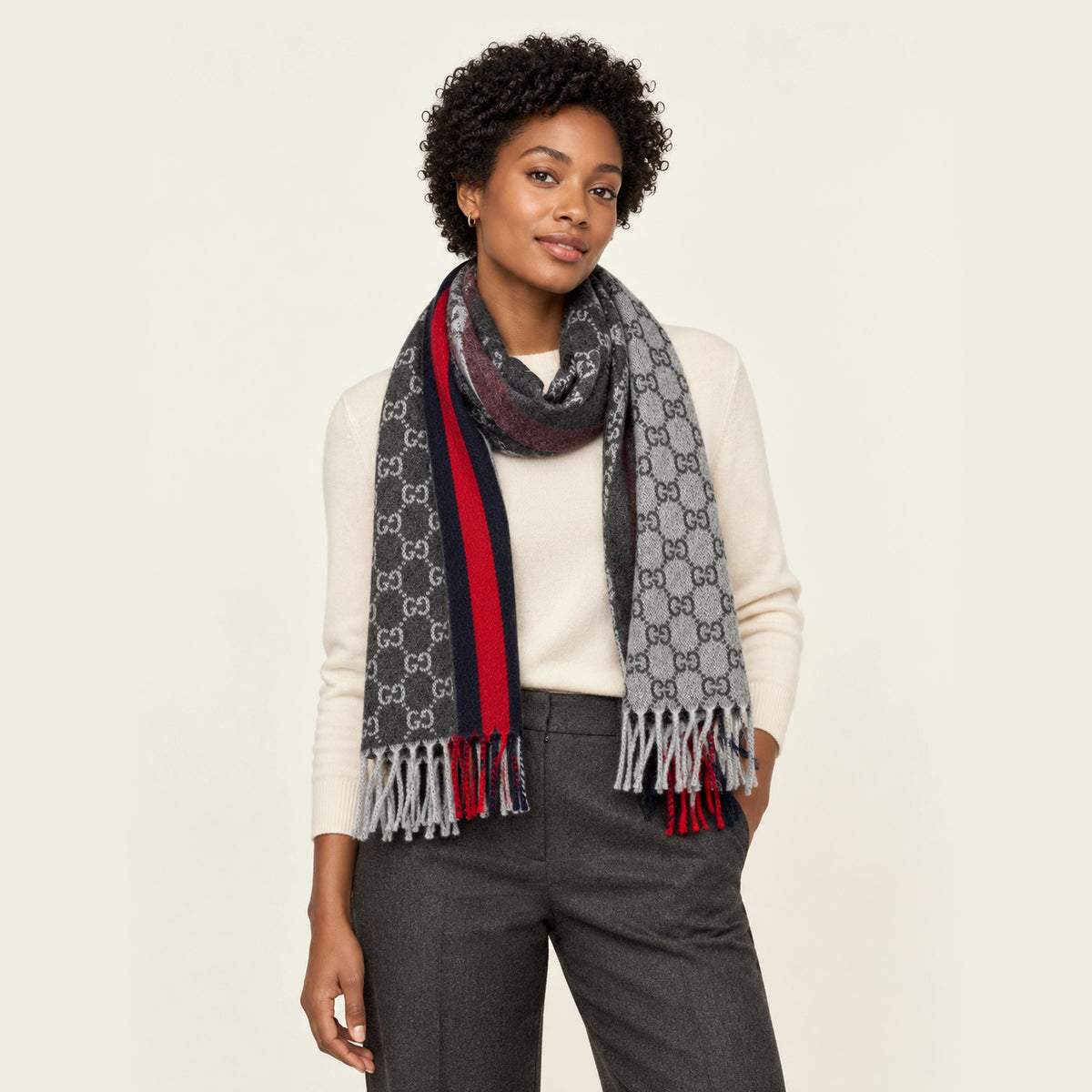 GG Cashmere Scarf – Charcoal & Navy