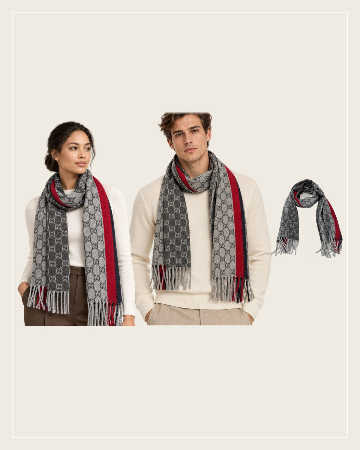 GG Cashmere Scarf – Grey & Red