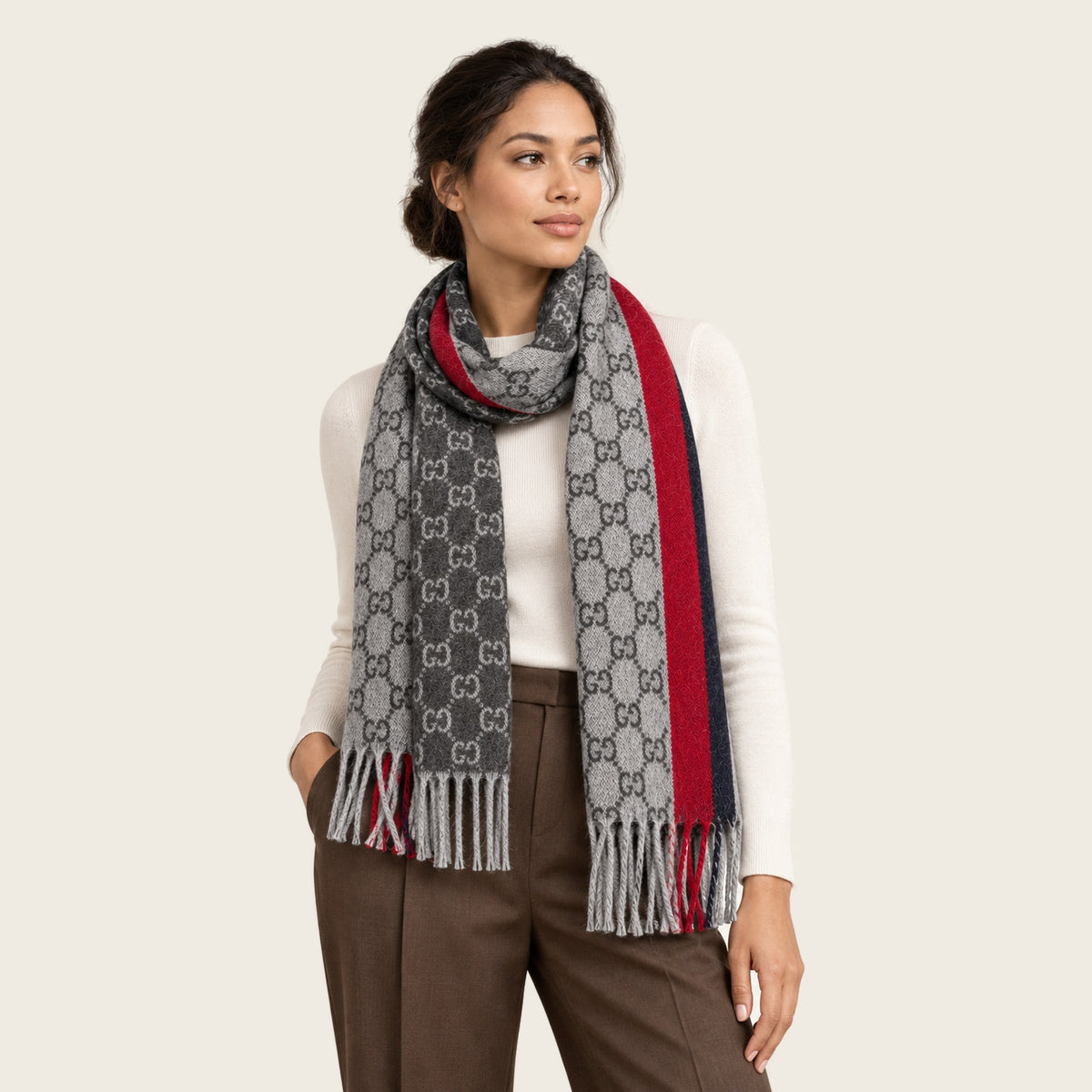 GG Cashmere Scarf – Grey & Red