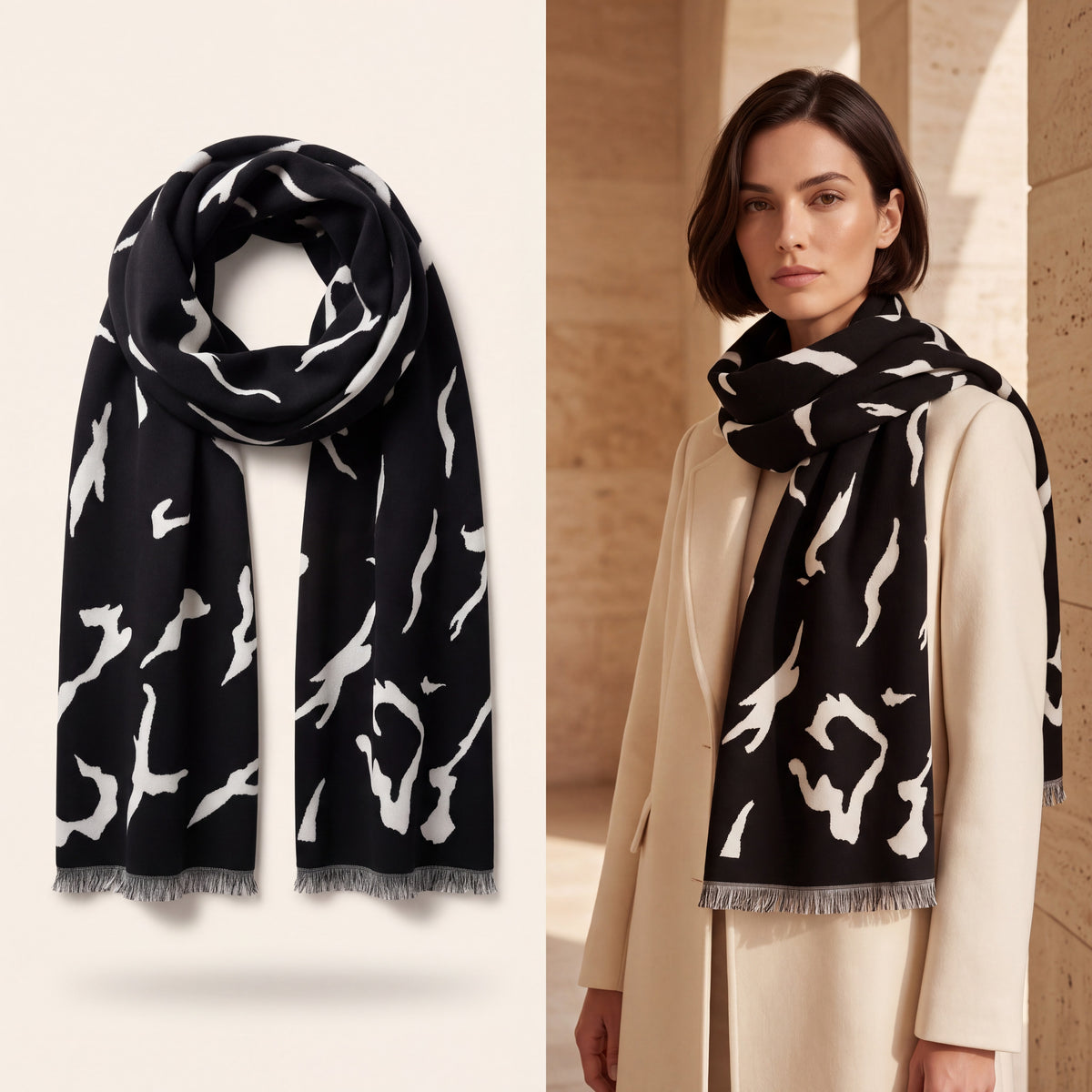 Écharpe foulard châle d'hiver chaud unisexe en laine noire et blanche