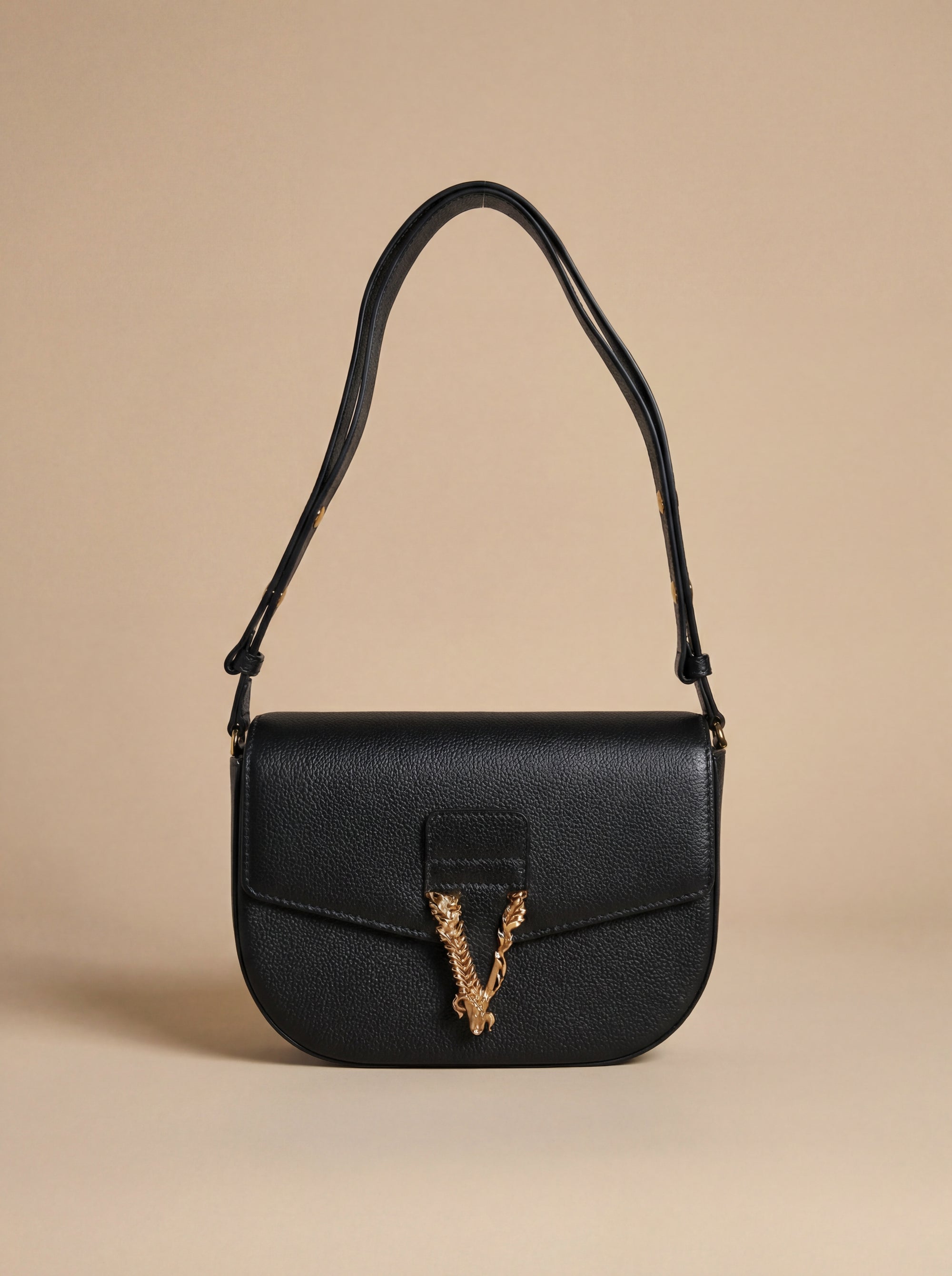 Sac bandoulière Versace en cuir de veau grainé noir avec logo