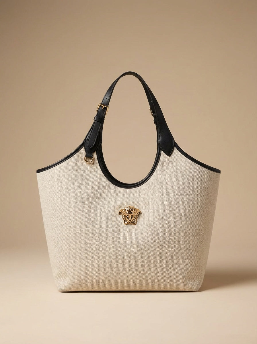 Versace La Medusa Shoulder Bag in Beige Cotton