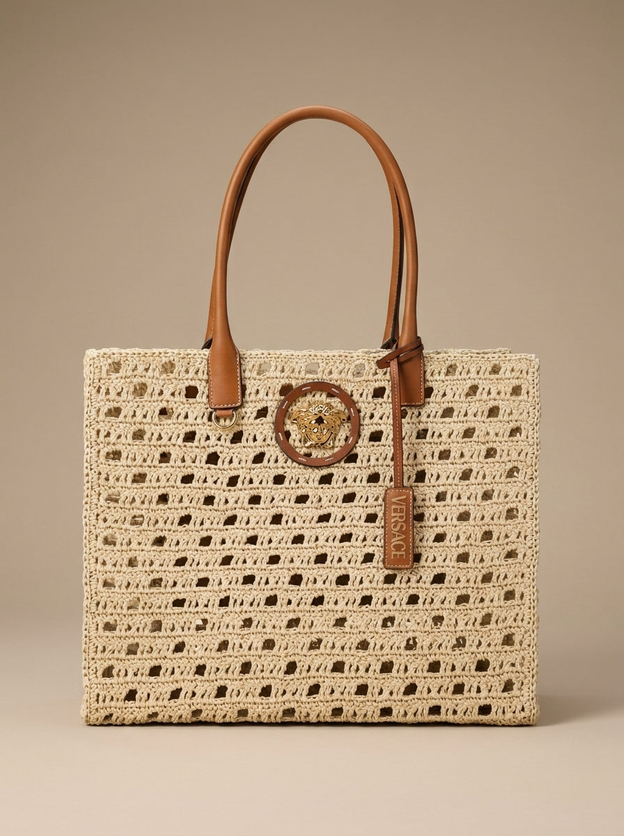 Versace Tote Handbag in Beige Cotton